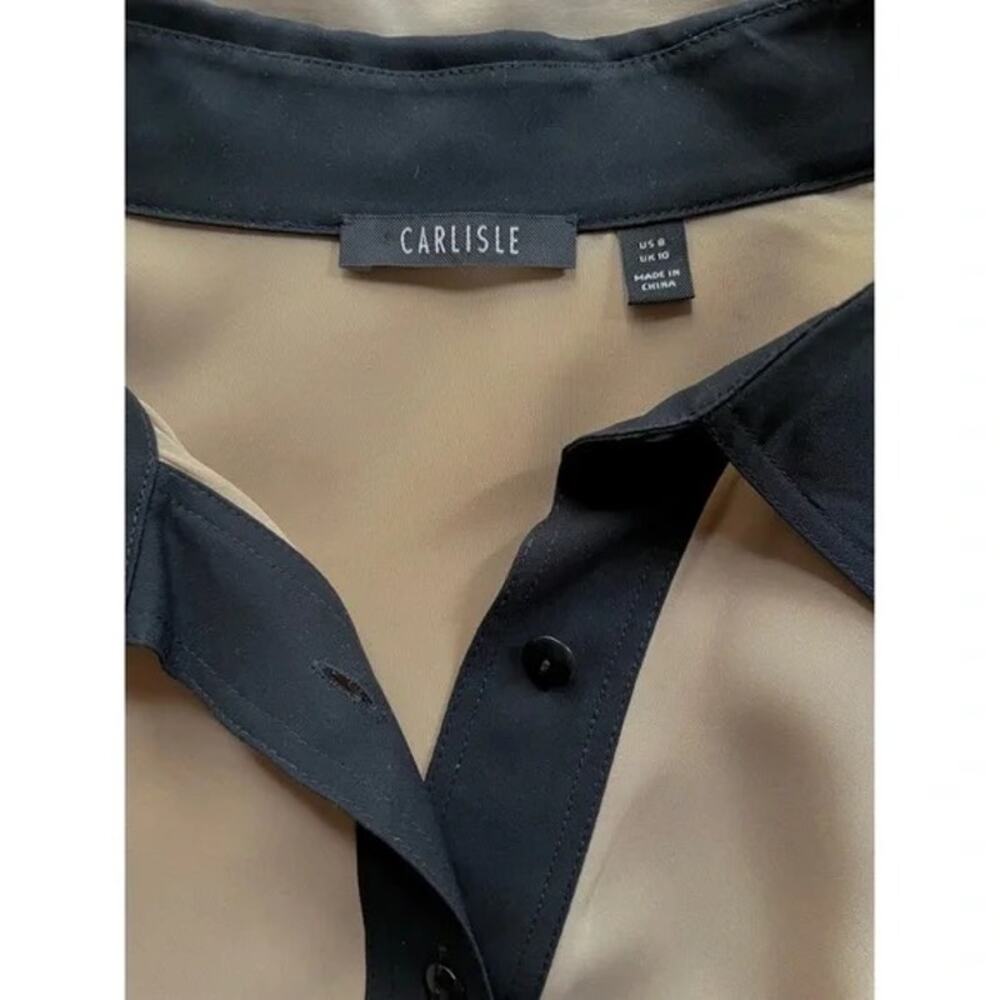 Carlisle Toffee and Black 100% Silk Button-Up Semi-Sheer Blouse Size 8 - Picture 3 of 7